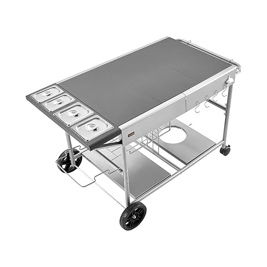 VEVOR Outdoor Grill Cart, 36.4 x 23.4 x 1 inch Tabletop Size Grilling Table, Movable Outdoor Cooking Table with 4 Spice Containers, Wheels, Lids, Hooks, BBQ Prep Tables for Picnic, Kitchen, Courtyard