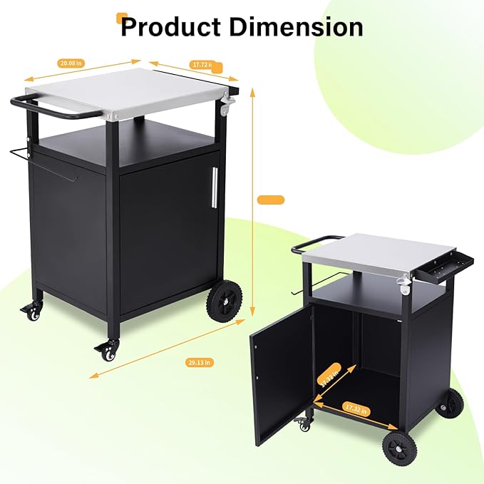 VINGLI Outdoor Grill Table Cart with Cabinet, Stainless Steel Movable Kitchen Island with Large Storage Cabinet, Multifunction Food Prep Table with Bottle Opener and Seasoning Tray, for Patio, Home