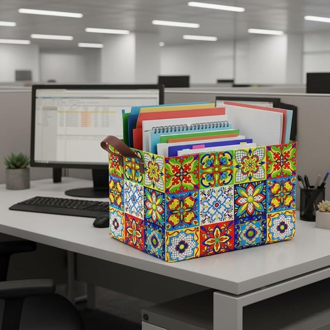Mexican Talavera Decoration Storage Basket Waterproof Canvas Toy Storage Bin Collapsible Outdoor Basket with Leather Handles Mexican Talavera Decor Blanket Baskets For Closets,Bedrooms,Gifts Baskets