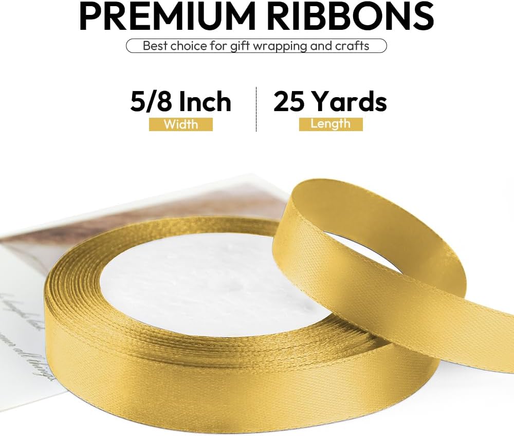 5/8 Inch 25 Yards Satin Ribbon Gold, Solid Color Fabric Ribbon for Gift Wrapping, Wedding, Polyester Gift Ribbon for Birthday Party Decoration, Craft, Hair, Floral, Sewing