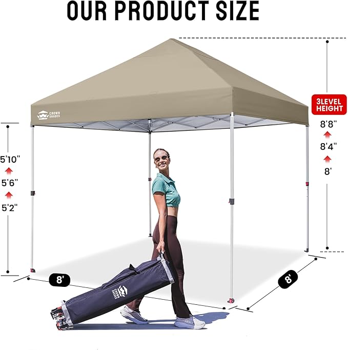 CROWN SHADES 8x8 Pop Up Canopy - Beach Tent with One Push Setup - Easy Outdoor Sun Shade for Events, Parties, Camping - Gazebo with STO-N-Go Cover Bag, Silver Coated Top, Beige