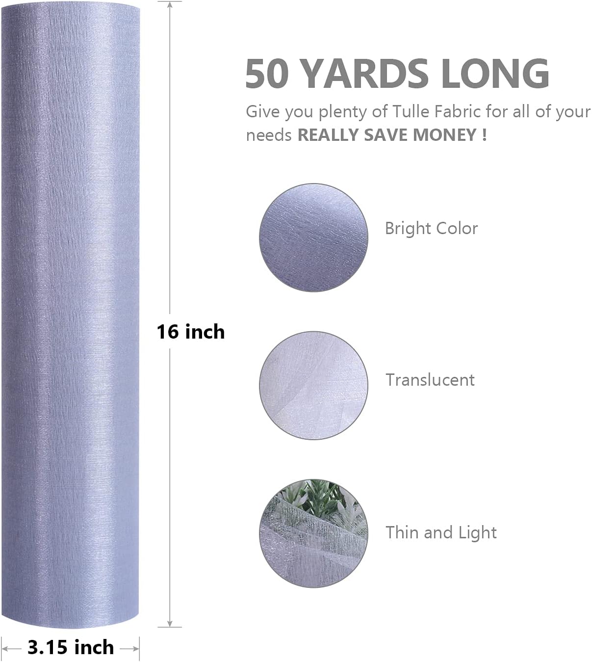 Crystal Organza Fabric Tulle - 16" by 50 Yards Sheer Fabric for Wedding Party Decoration Bridal Shower Tutu Roll Netting Spool Ribbon Wrapping (Grey)