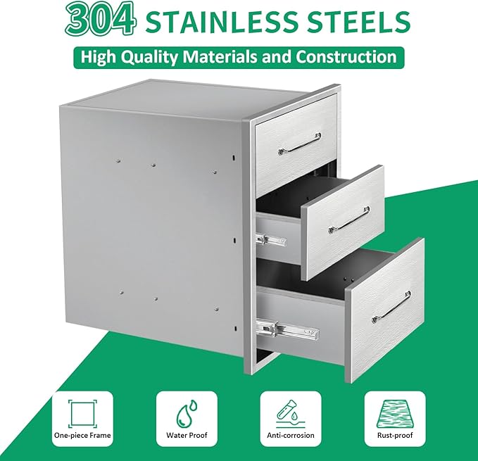 Outdoor Kitchen Drawers 14" W x 21" H x 21" D Stainless Steel Triple Drawers with Ergonomic Handle for BBQ Island, Patio Grill Station & Outdoor Kitchen Cabinets