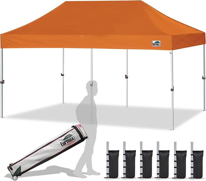 Eurmax USA 10'x20' Pop Up Canopy Tent Commercial Instant Canopies with Heavy Duty Roller Bag,Bonus 6 Sand Weights Bags(Pumpkin Orange)