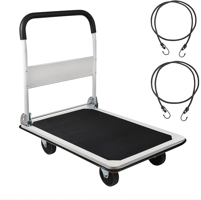 LEADALLWAY Platform Truck Large Size 880lbs Heavy Duty Foldable Push Cart 35.8x24x34.3inches White with 2 Ropes