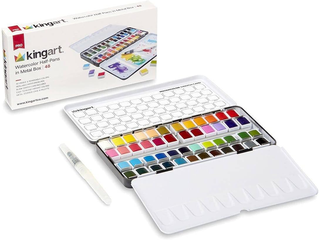 KINGART PRO Artist, Tin Box with Water Brush Watercolor Half-Pans, 48 Vibrant Colors Piece