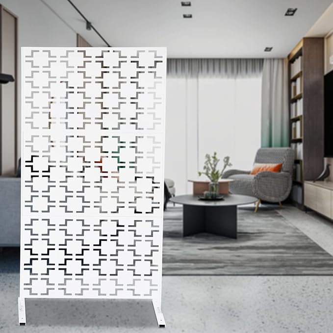 Metal Outdoor Privacy Screen,Freestanding Outdoor Divider Decorative Privacy Fence Screen,Freestanding Decorative Privacy Screen for Balcony Patio (White 6.2ft)