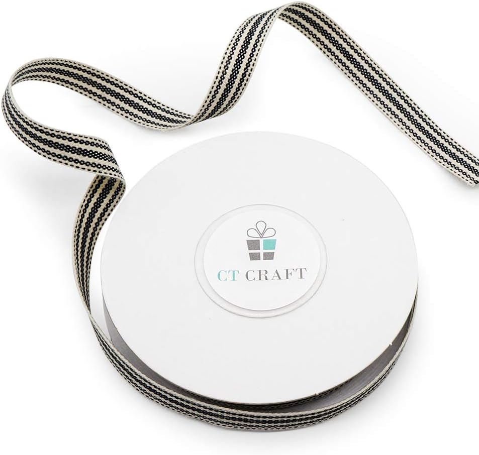 CT CRAFT LLC Ivory Cotton Black Stripes Ribbon 3/8" x 10 Yards for Home Décor Gift Present Wrapping DIY Crafts Birthday Wedding Bouquet Christmas