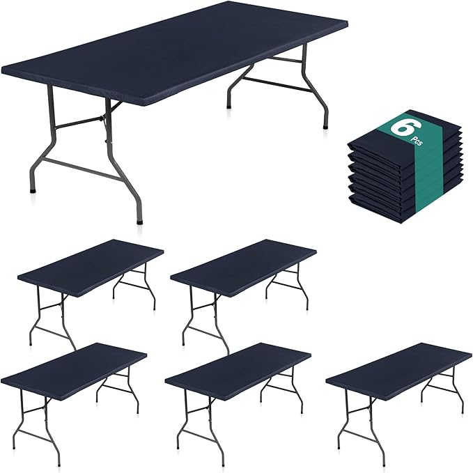 LUSHVIDA 6 Packs Vinyl Tablecloths with Flannel Backing for 6ft Rectangle Folding Table Cloths - Waterproof Plastic Picnic Table Covers with Elastic Corners, 30x72 inch, Navy Blue