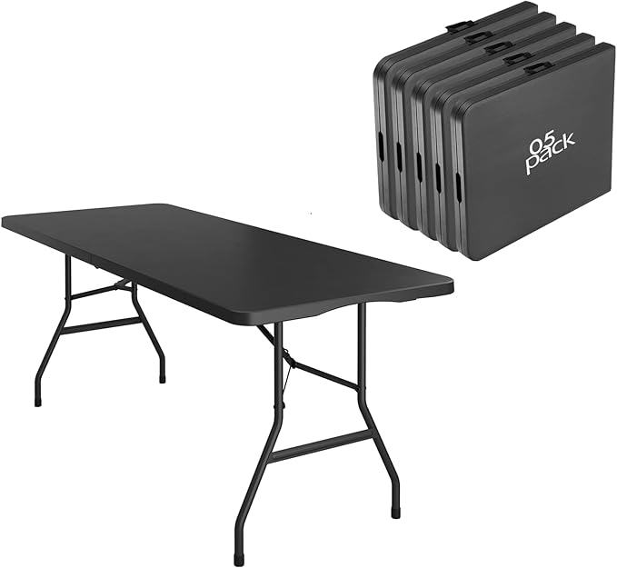 5 Pack of 6 Foot Foldable Table with Built in Handle & Steel Legs ,Heavy Duty Portable ,Perfect for Party, Dining, Wedding, Events, Picnic Indoor, Outdoor, Camping, Utility, Folding(Black-5pac)