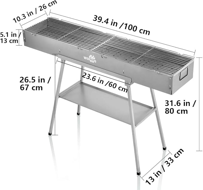 WILLBBQ Charcoal Grills Commercial Quality Portable Hibachi BBQ Lamb Skewer Folded Camping Barbecue Grill for Backyard Outdoor Cooking Use(39.4x10.3x5.1 inch) - The Perfect Gifts for Grill Lovers