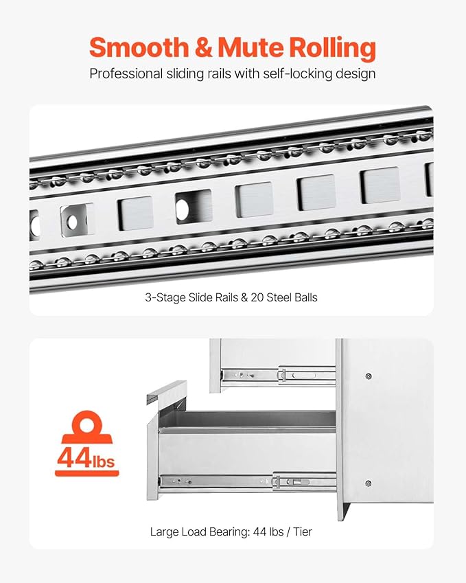 VEVOR Outdoor Kitchen Drawers 14.7" W x 25.4" H x 18.7" D, Box Frame Style Flush Mount BBQ Drawers with Stainless Steel Handle, BBQ Island Drawers for Outdoor Kitchens or Patio Grill Station
