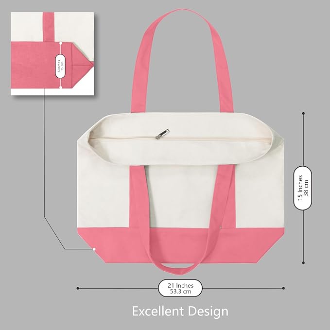 TOPDesign 1-Pack Canvas Tote Bag with an External Pocket, Reusable Grocery Shopping Bag, Top Zipper Closure, Daily Essentials (Rose Pink/Natural)