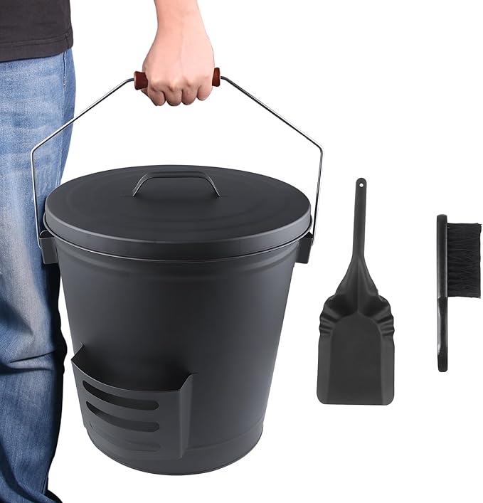 Ash Bucket with Lid and Shovel Hand Broom, 5.15 Gallon Large Galvanized Iron Metal Fireplace Tools Ash Pail for Fire Places Fire Pits Wood Burning Stoves Hearth Accessories Indoor Outdoor, Black