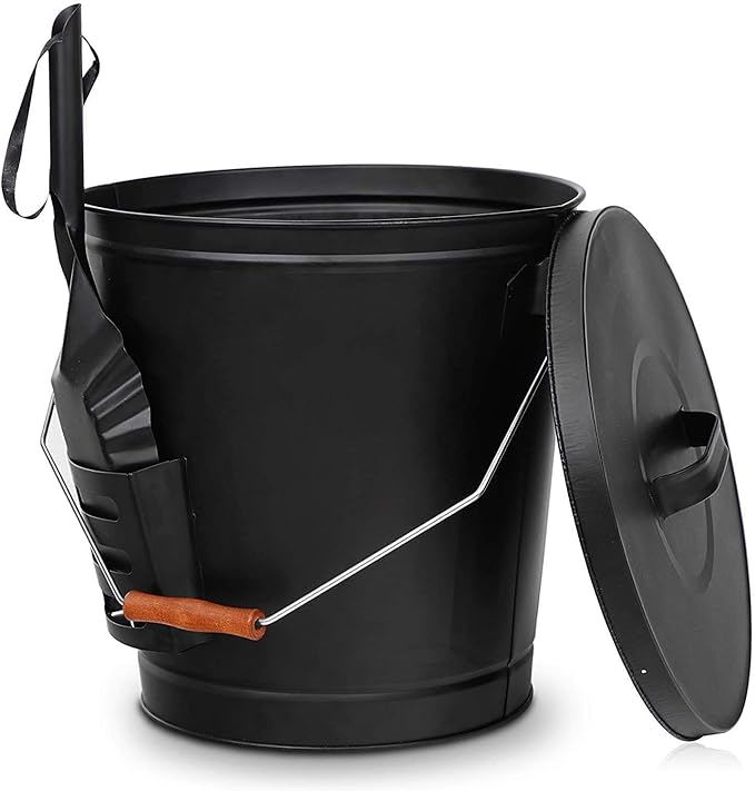 5.15 Gallon Hot Ash Bucket Fireproof Pellet Bucket with Lid and Shovel for Fireplaces, Fire Pits - Black