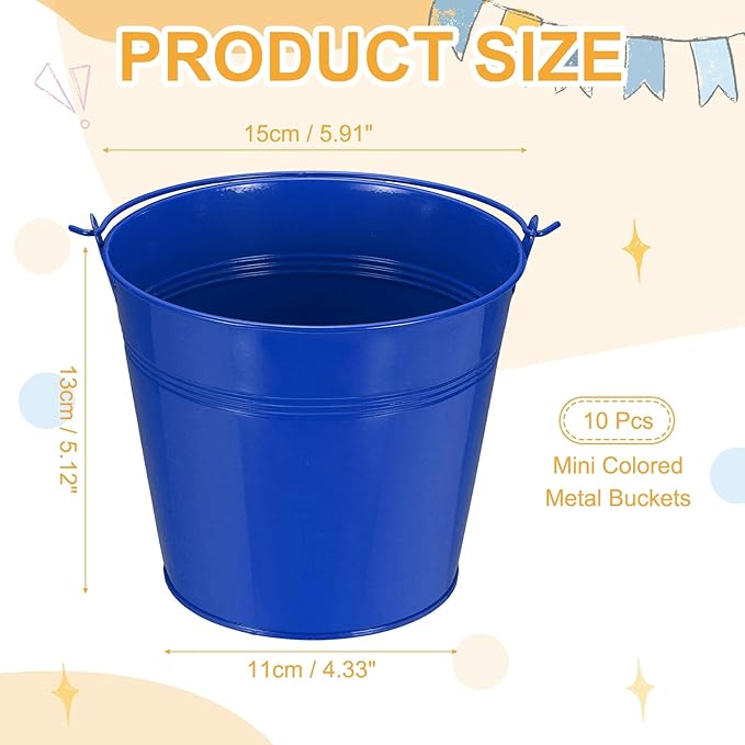 Small Metal Buckets, Mini Buckets with Handle Galvanized Colored Tin Pail Containers Basket Party Supplies - Fit for (Halloween - Classroom Crafts) 6" & 10Pcs & Dark Blue