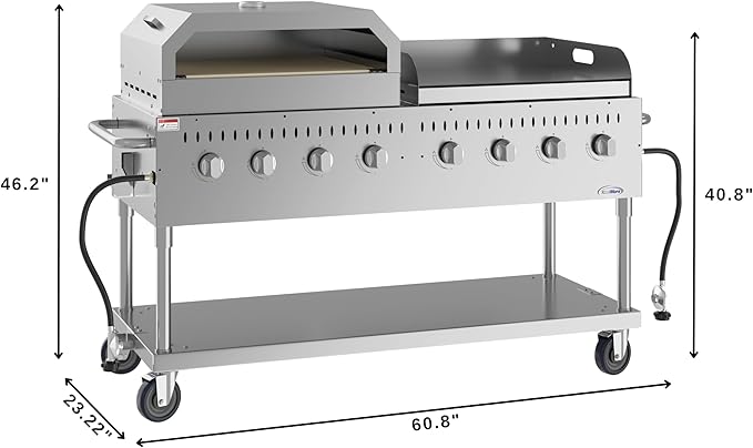 KoolMore 60 in. 8-Burner Commercial Outdoor Propane Gas BBQ Grill with 30 in. Griddle and 30 in. Pizza Oven in Stainless-Steel, ETL Listed (CGKIT6-G30P30)