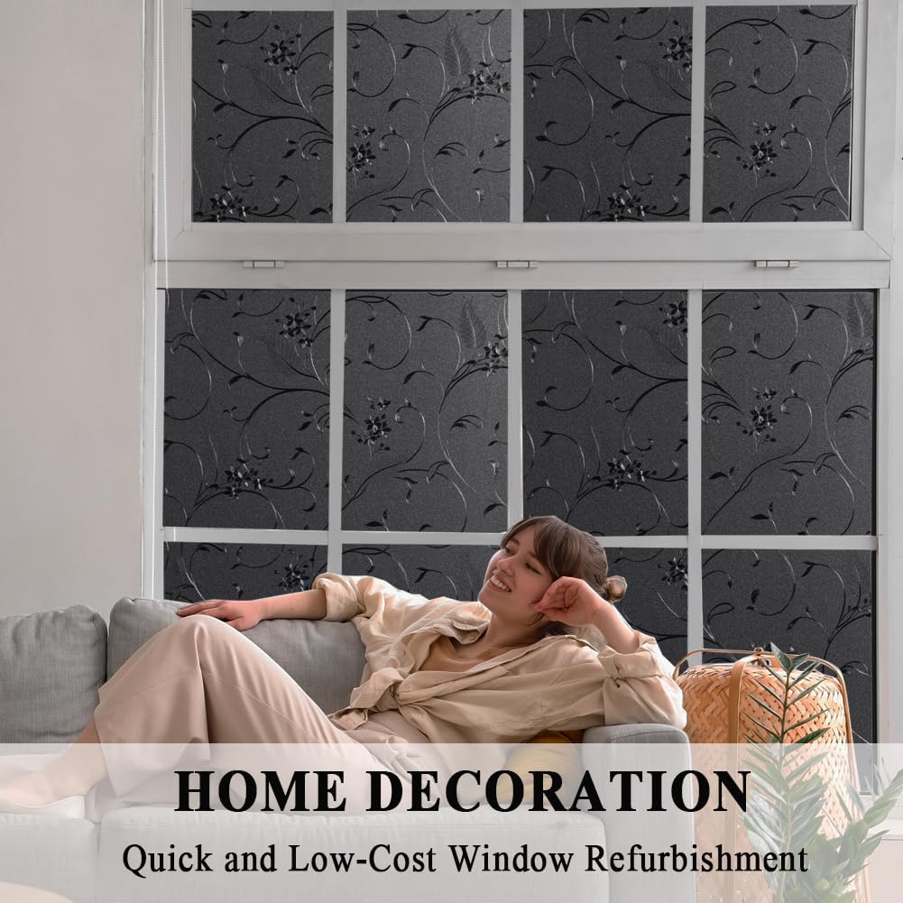 Mikomer Total Blackout Window Film,100% Light Blocking Privacy Glass Door Film Etched Flowers,Room Darkening Window Cling,No Glue/Heat Control/Anti UV for Day Sleep & High Privacy,17.5In. by 78.7In.