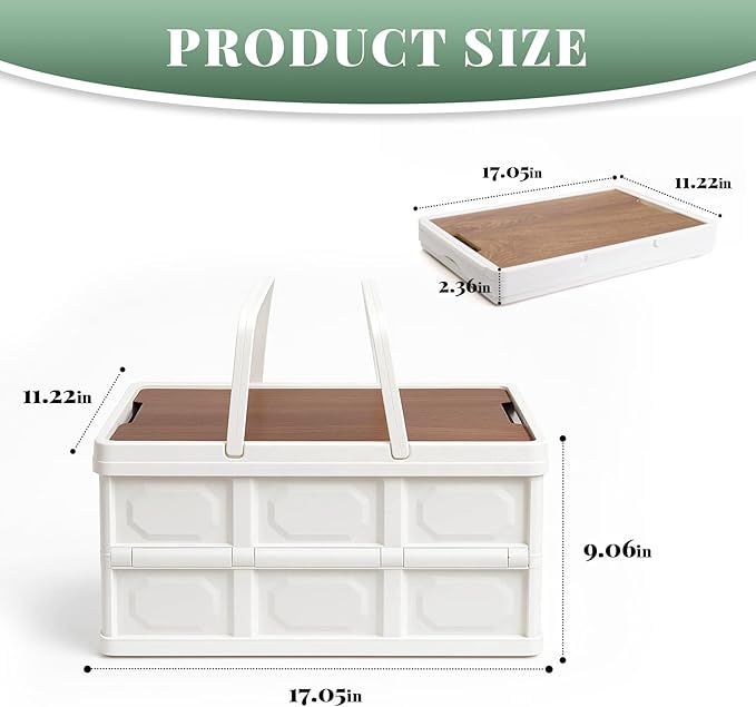 Collapsible Picnic Basket Set for 2 – Insulated Plastic Picnic Basket with Waterproof Bag & Wooden Lid, Large Capacity Stackable Storage Bin for Outdoor, Camping, Picnics, Home Organizing