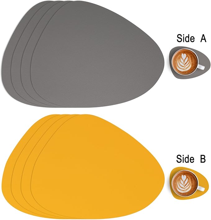 Myir JUN Placemats, Dual-Sided Placemats Waterproof Faux Leather Placemats Set of 4 Place Mats and Coasters Non-Slip Washable Table Mats for Dining Table (Gray Yellow, Set of 4)