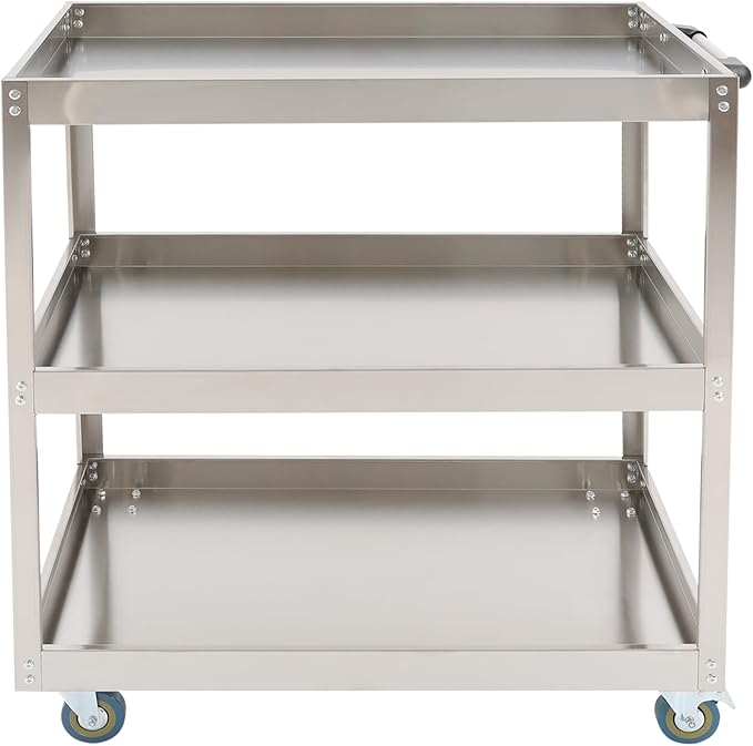 Stainless Steel Utility Cart, Heavy Duty 3-Tier Service Cart with 4 Wheels (2 Locking), 440 lbs Capacity Rolling Cart for Kitchen, Restaurant, Garage, Workshop, Silver