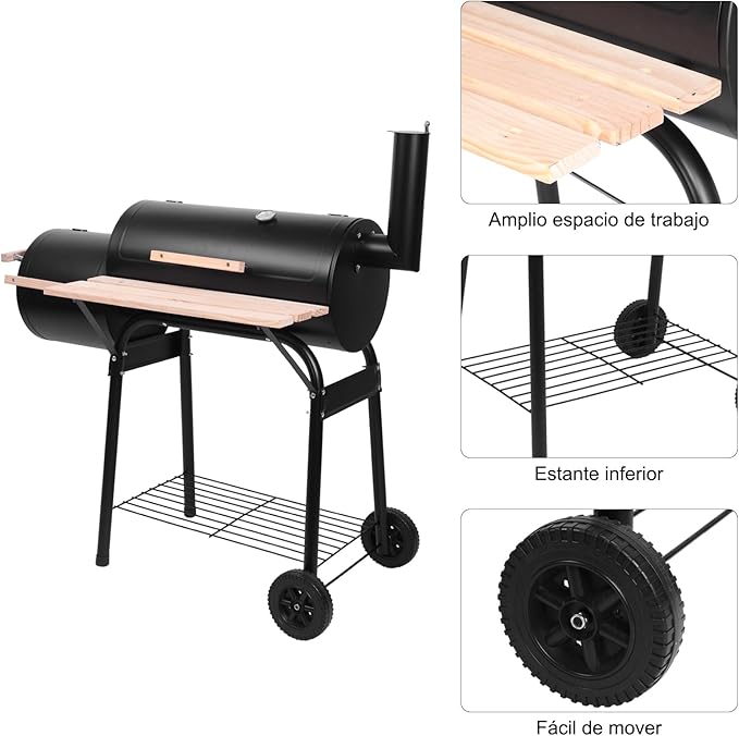 30 Inch Barrel Charcoal Grill & Smoker with Side Fire Box, Outdoor BBQ Grill for Patio Cooking with Front Wood Shelf & Wheels, Black