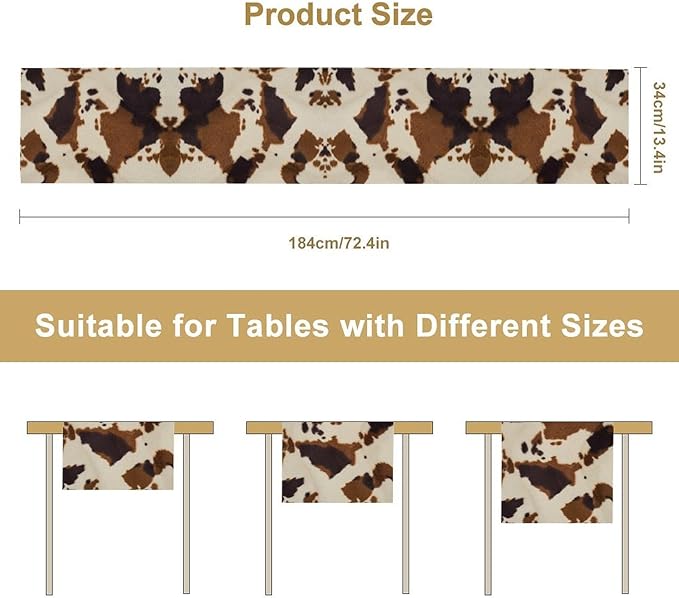 Cowhide Print Table Runner, Western Farm Animal Fur Wildlife Rustic Table Runner for Kitchen Farmhouse Dining Home Banquet Party 13x90in