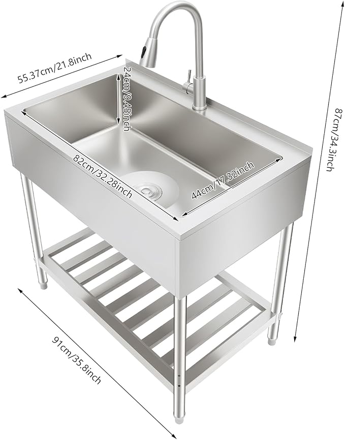 Stainless Steel Laundry Sink with Large Wash Stand, Free Standing Single Bowl Kitchen Sink with Pull Faucet, Utility Sink for Laundry Room Bathroom Farmhouse (36x22x34in)