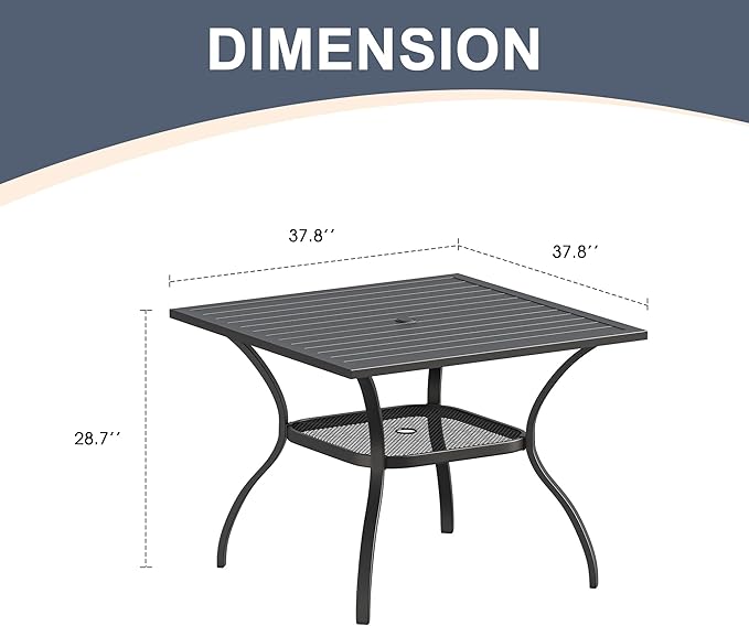 VICLLAX Patio Dining Table for 4 Square Metal Outdoor Table with Umbrella Hole and Storage Shelf for Garden Lawn Balcony Deck, Black