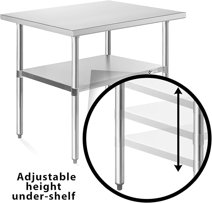 KUTLER Stainless Steel Table 24 x 36 Inches, NSF Heavy Duty Commercial Kitchen Prep and Work Table with Undershelf for Restaurant, Hotel, Home