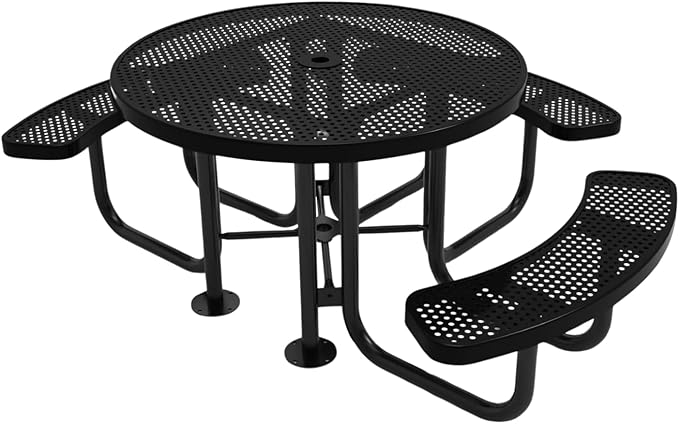 COATEDOUTDOORFURNITURE Heavy-Duty Portable Outdoor Picnic Table with Umbrella Hole, Punched Steel Patio Dining Furniture Made in America (46" Round Top, Textured Black)