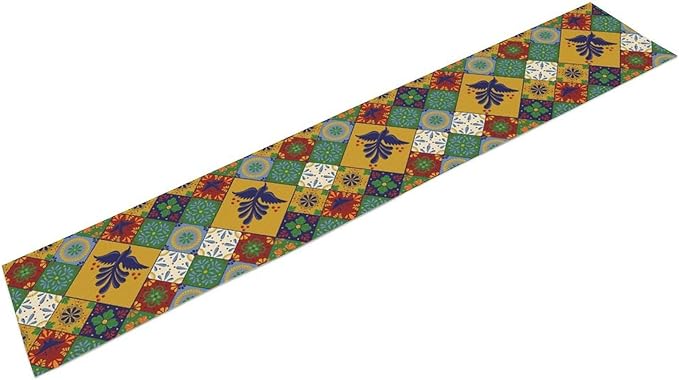 Mexican Table Runner, Orange Floral Birds Mexico Talavera Ceramic Dia De Los Muertos Coffee Table Center Decor for Family Home Kitchen and Dining Farmhouse Indoor Outdoor Table Decorations, 13" X 72"