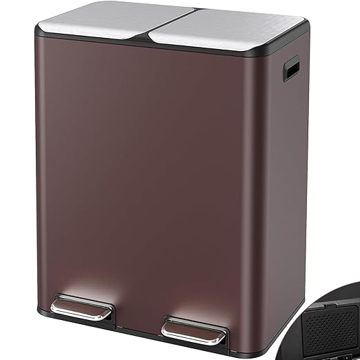 Arlopu 16Gal Dual Trash Can w/2 Built-in Box for Odor Control, Hands-Free Kitchen Garbage Bin, Recycle Waste Dustbin, Soft-Close Lid, 2 Buckets,Foot Pedal, Side Handle, Airtight,for Home (Brown)