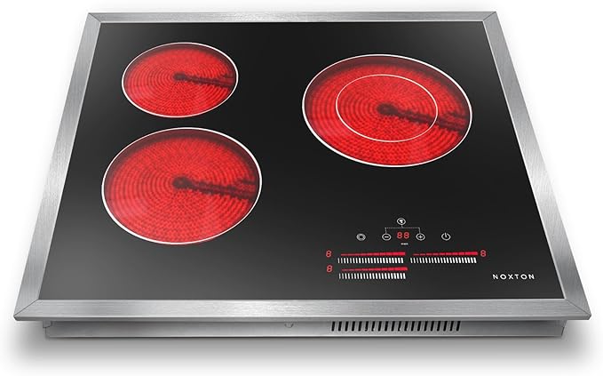Noxton 24 Inch Electric Cooktop, 3 Burner Built-in Radiant Stove Top, Stainless Steel Frame, Dual Zone Ceramic Glass Hob, Touch Slide Control, 9 Power Levels, Timer, Child Lock, 5500W, 240V Hardwired