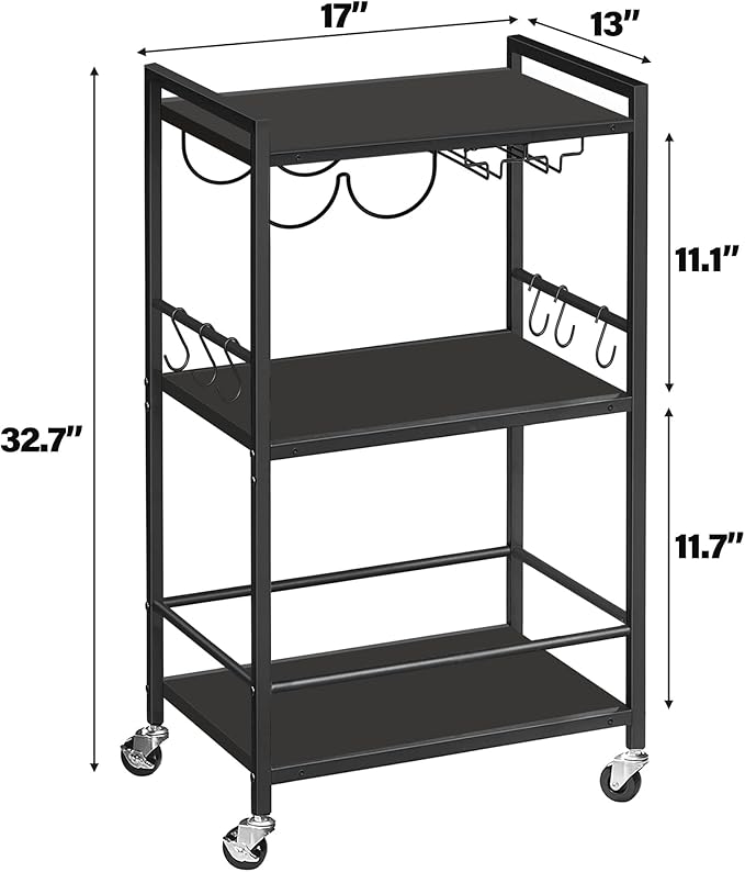TUTOTAK Bar Cart, Home Bar Serving Cart, Microwave Cart, Drink Cart, Mobile Kitchen Shelf with Wine Rack and Glass Holder, Rolling Beverage Cart Living Room, Kitchen, Black BC01BK032