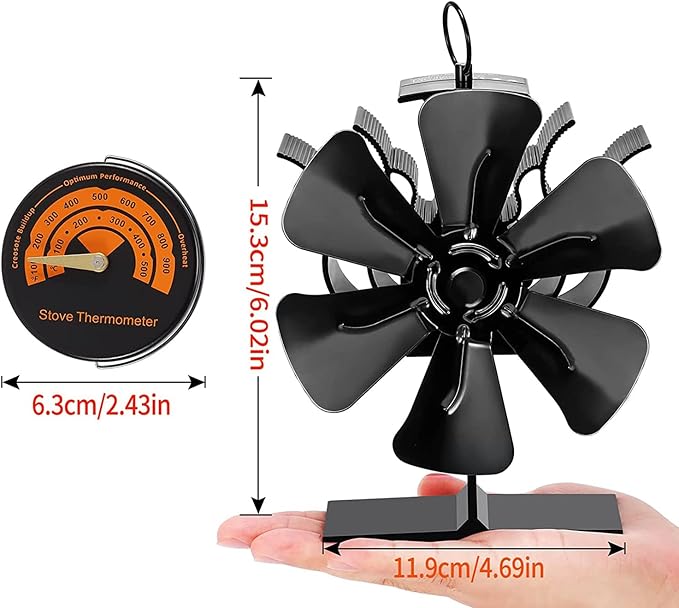 Wood Stove Fan Heat Powered, Newly Upgrade 6 Blade Wood Heater Fan, Comes with Built-in Thermometer, Non Electric Fireplace Fan for Wood/Log Burner