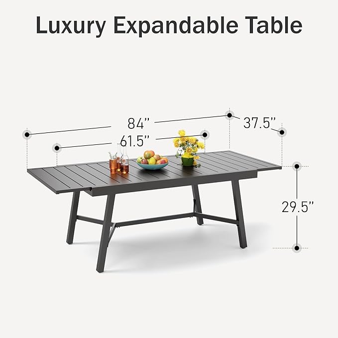 PHI VILLA Expandable Patio Dining Table Metal Outdoor Table for 6-8 Person Lawn Garden Bistro Rectangular Table, with Adjustable Legs, Black