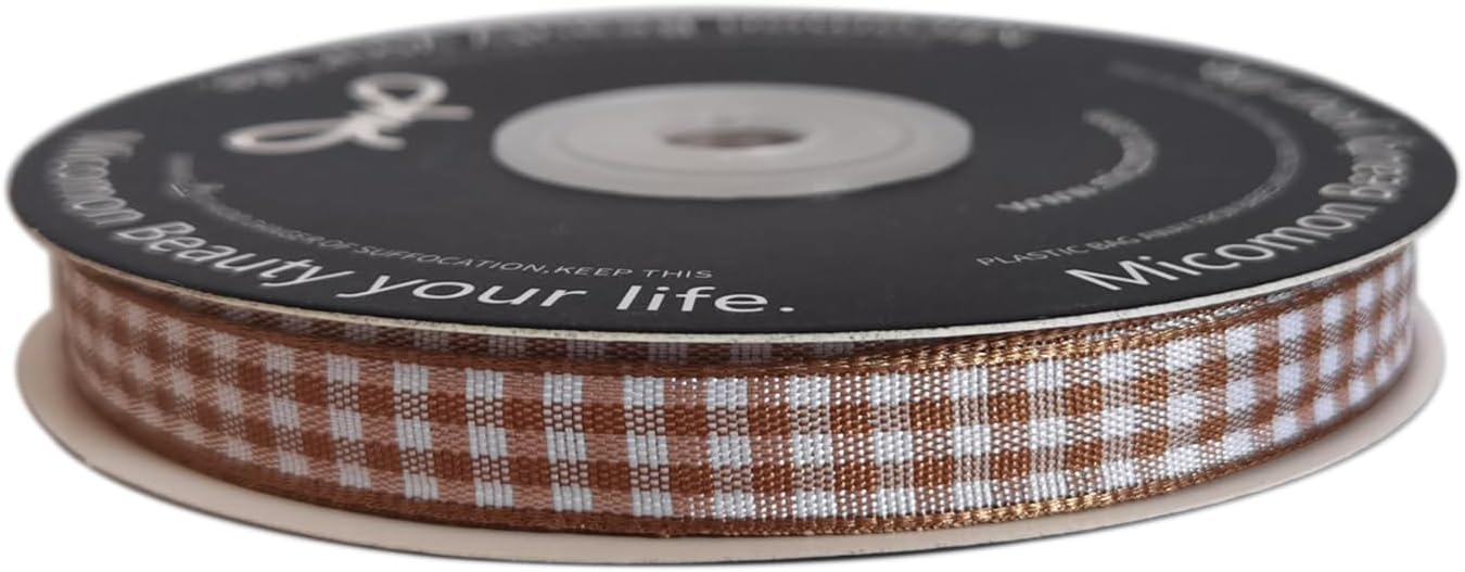 Micomon Khaki and White Woven Edge Plaid Ribbon 100% Polyester Gingham Ribbon 25 Yards Each Roll (3/8"Khaki)