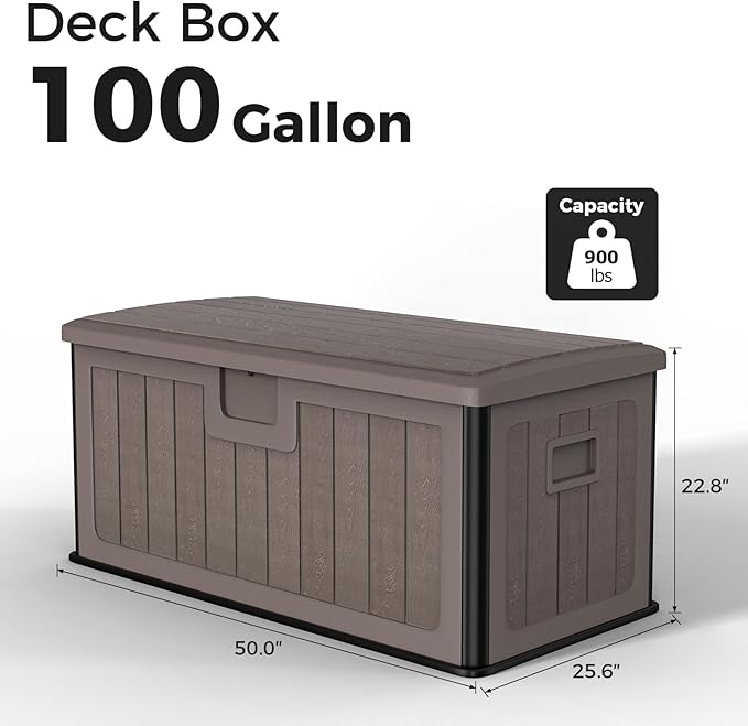 100 Gallon Deck Box, Double-Wall Construction Waterproof Outdoor Patio Storage Box, Lockable Deck Storage Bin Outdoor Storage Bench for Pool Patio Garden