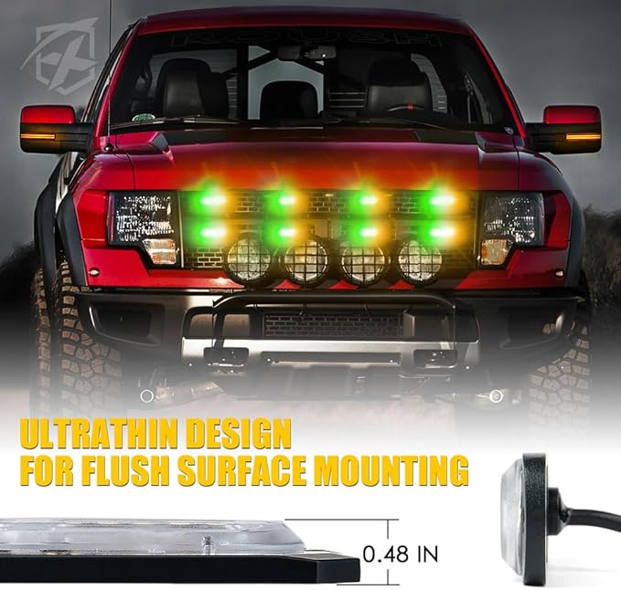 Xprite Amber Green LED Surface Mount Strobe Lights Kit, w/Control Panel Emergency Safety Warning Flashing Grille Cop Marker Light Assembly for Vehicles Trucks ATV UTV Motorcycle 8PCS
