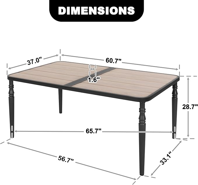NUU GARDEN Patio Dining Table for 6, 61” x 37” Large Rectangle Metal Table with Wood-Grain Tabletop, Outdoor Table with 2.1” Umbrella Hole for Backyard, Lawn, Garden, Black
