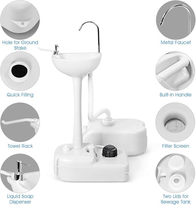 S AFSTAR Portable Hand Sink, Camping Sink with Wheels, 4.5 Gal Water Tank & Soap Dispenser, Rolling Hand Wash Basin Stand W/6.5 Gal Sewage Tank, Foot Pump Hand Wash Station for RV Outdoor Gatherings