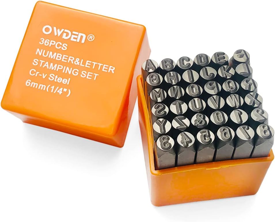 OWDEN Professional 36Pcs. Steel Metal Stamp Set,(1/4”) 6mm,Steel Number and Letter Punch Set,Alloy Steel Made HRC 58-62 for Jewelry Craft Stamping.