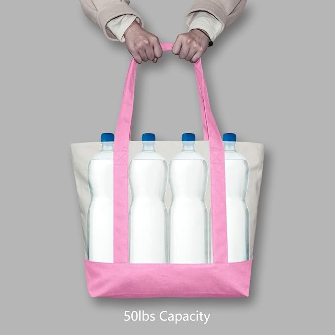 TOPDesign 3-Pack Canvas Tote Bags with an External Pocket, Reusable Grocery Shopping Bags, Top Zipper Closure, Daily Essentials (Pink/Natural)