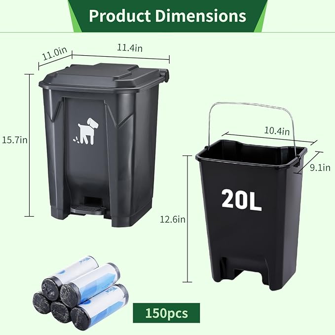 Pet Waste Container - 20L Outdoor Dog Poop Trash Bin with Removable Inner Bin, 150 Waste Bags for Small/Large Dog Families