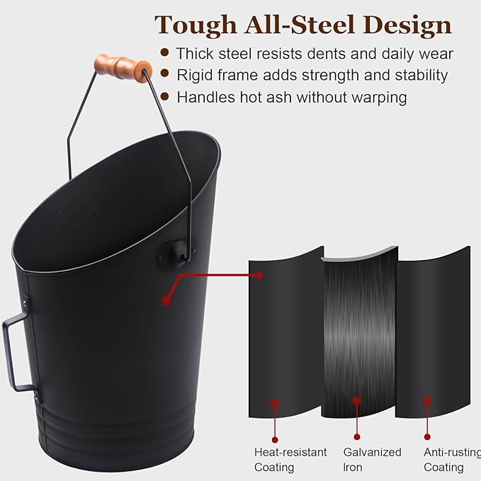 GameXcel Pellet Bucket - 2.64 Gallon Metal Container - Heat-Resistant Steel Bin for Hot Ash Pellets Firewood - Convenient Ash Disposal with Handle