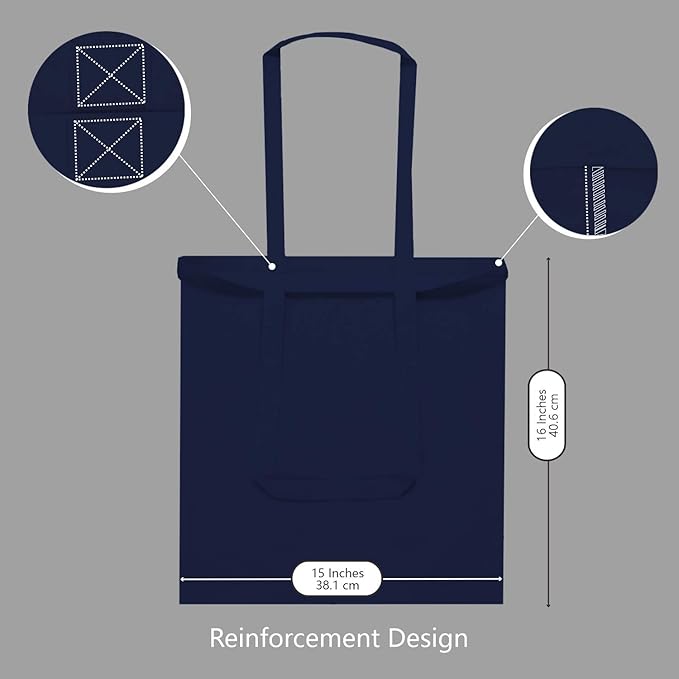 TOPDesign 12-Pack Economical 16"x15" Navy Blue Cotton Tote Bag, Lightweight Medium Reusable Grocery Shopping Cloth Bags, Suitable for DIY, Advertising, Promotion, Gift, Activity