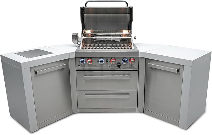 Mont Alpi MAi400-D45 32-Inch Deluxe 45-Degree 4-Burner 78000 BTU Deluxe Stainless Steel Island Outdoor Kitchen Gas Barbecue Island Grill with Ceramic Infrared Side & Rear Burners + Granite Countertops