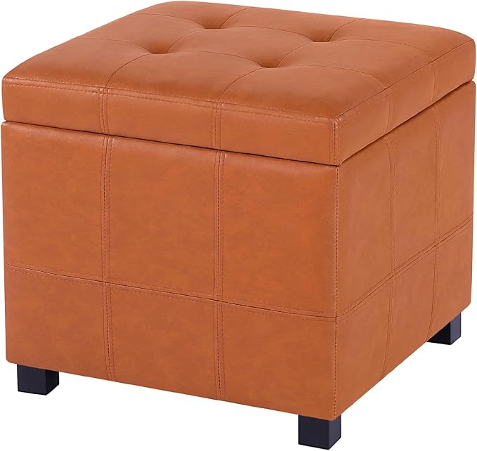 Homebeez Faux Leather Lift Top Storage Ottoman Bench with Solid Wood Frame & Tufted PU - 17.3 Inch Cube Footrest, Seat, with Metal Hinges for Living Room, Bedroom, Dorm | Orange Brown