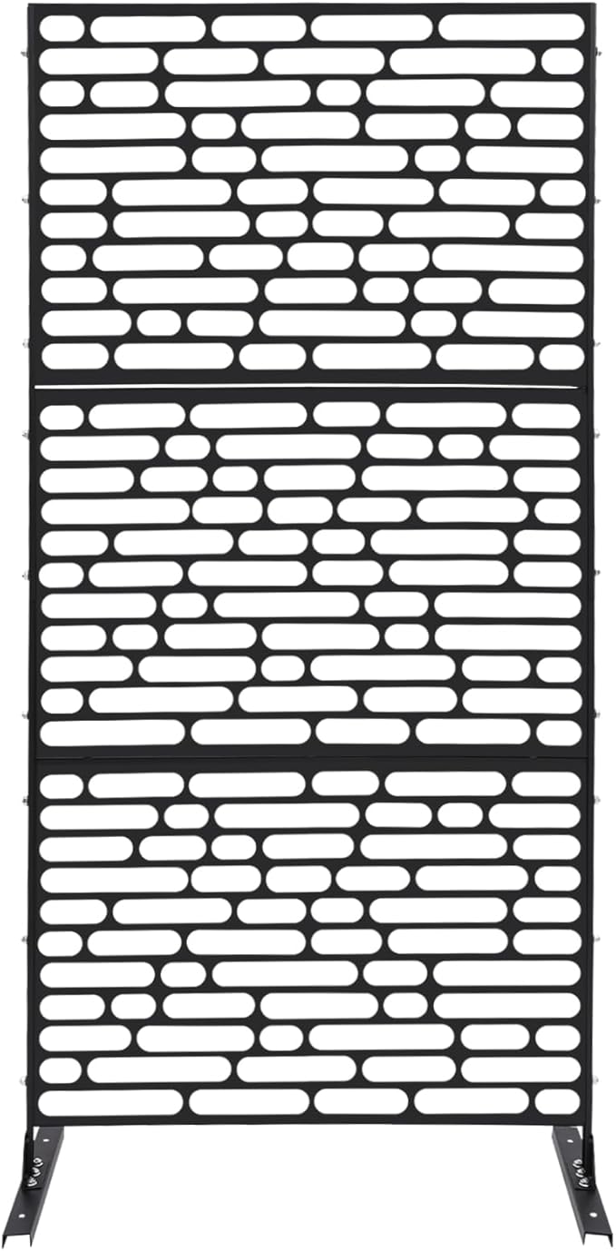 75" H×35" W Decorative Outdoor Privacy Screen with Stand, Outdoor Decor Privacy Fence Screen Metal Fence Panels, Free Standing Metal Divider for Patio Lawn Deck (Black-Oval)